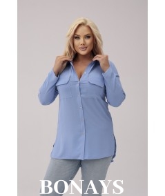 Błękitna długa koszula z kieszonkami na biuście SANDRA