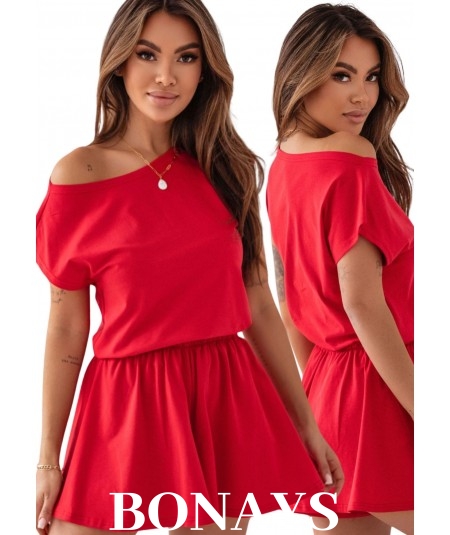 Czerwona piżama damska krótki rękaw i spodenki SweetDream