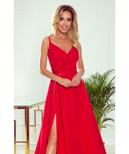 Czerwona sukienka maxi na ramiączkach dekolt w serek Chiara studniówka