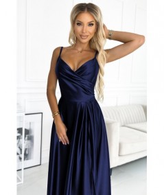 Granatowa długa satynowa suknia na ramiączkach Chiara na studniówkę