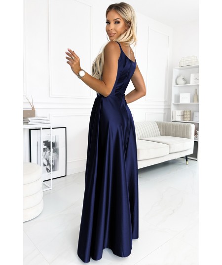 Granatowa długa satynowa suknia na ramiączkach Chiara na studniówkę