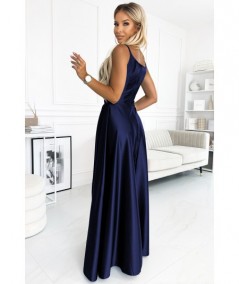 Granatowa długa satynowa suknia na ramiączkach Chiara na studniówkę