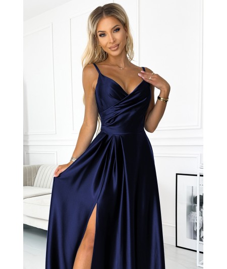 Granatowa długa satynowa suknia na ramiączkach Chiara na studniówkę