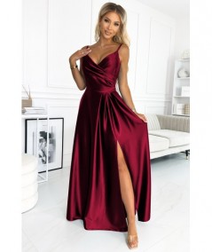 Bordowa długa satynowa suknia na ramiączkach Chiara na studniówkę