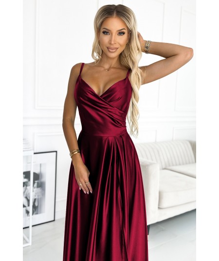 Bordowa długa satynowa suknia na ramiączkach Chiara na studniówkę