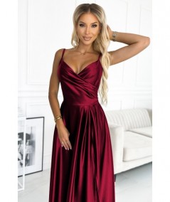 Bordowa długa satynowa suknia na ramiączkach Chiara na studniówkę