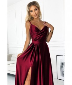 Bordowa długa satynowa suknia na ramiączkach Chiara na studniówkę