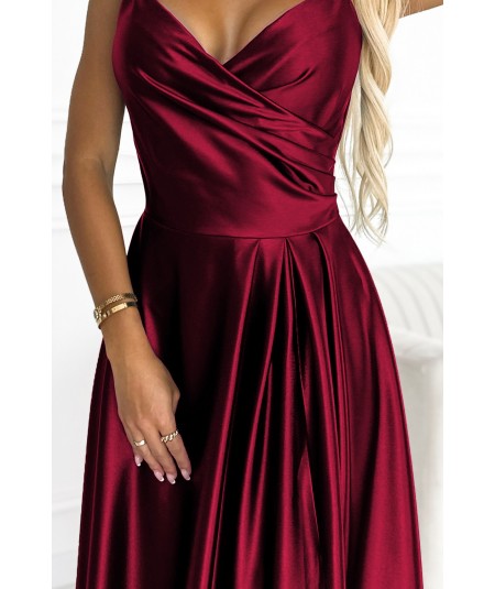 Bordowa długa satynowa suknia na ramiączkach Chiara na studniówkę