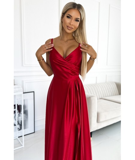 Czerwona długa satynowa suknia na ramiączkach Chiara na studniówkę