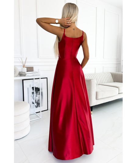 Czerwona długa satynowa suknia na ramiączkach Chiara na studniówkę