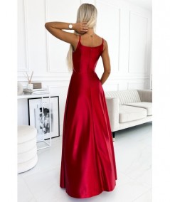 Czerwona długa satynowa suknia na ramiączkach Chiara na studniówkę
