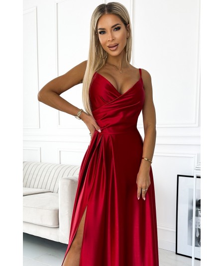 Czerwona długa satynowa suknia na ramiączkach Chiara na studniówkę