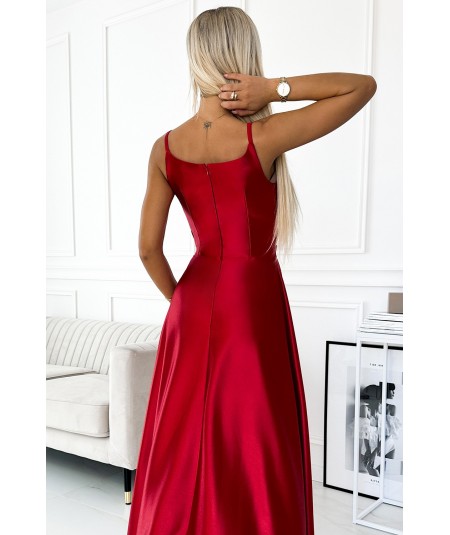 Czerwona długa satynowa suknia na ramiączkach Chiara na studniówkę