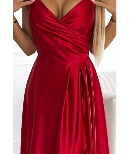 Czerwona długa satynowa suknia na ramiączkach Chiara na studniówkę