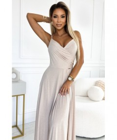 Beżowa, brokatowa sukienka maxi na ramiączkach dekolt w serek Chiara