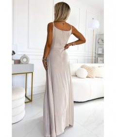 Beżowa, brokatowa sukienka maxi na ramiączkach dekolt w serek Chiara