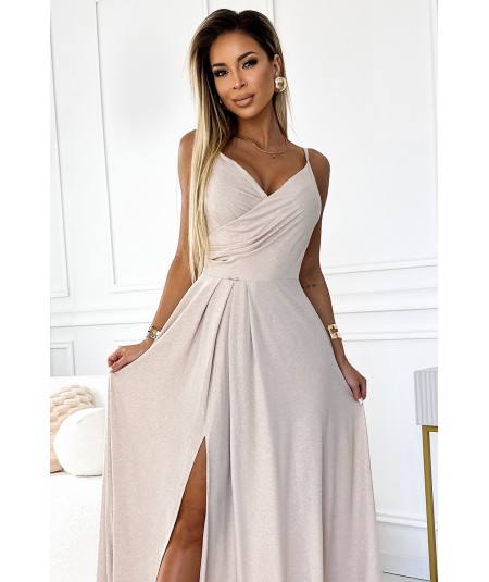 Beżowa, brokatowa sukienka maxi na ramiączkach dekolt w serek Chiara