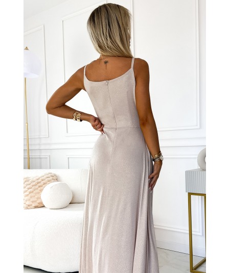 Beżowa, brokatowa sukienka maxi na ramiączkach dekolt w serek Chiara