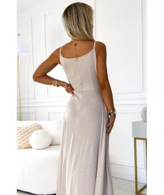 Beżowa, brokatowa sukienka maxi na ramiączkach dekolt w serek Chiara