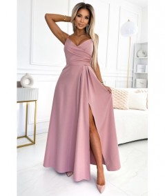 Różowa sukienka maxi na ramiączkach dekolt w serek Chiara studniówka