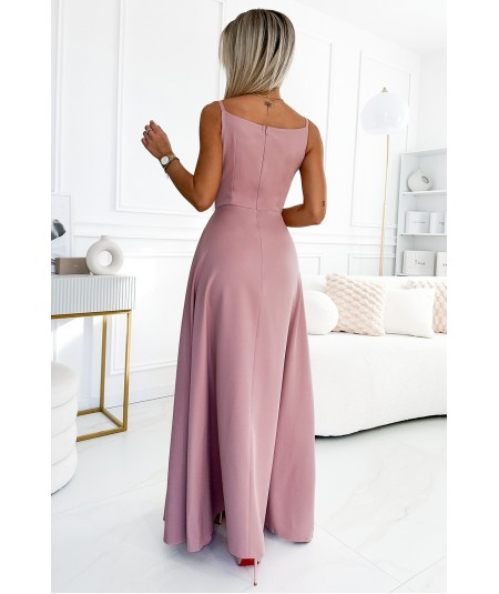 Różowa sukienka maxi na ramiączkach dekolt w serek Chiara studniówka