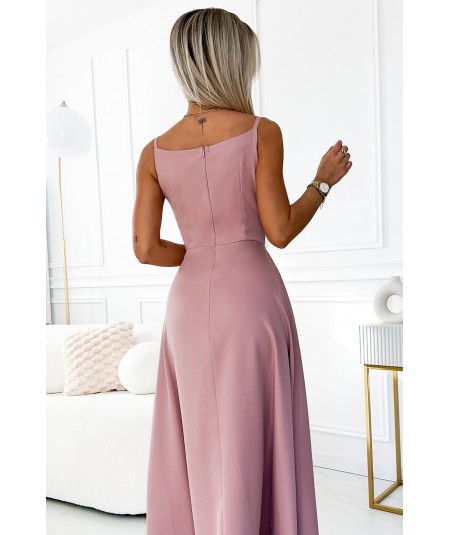 Różowa sukienka maxi na ramiączkach dekolt w serek Chiara studniówka