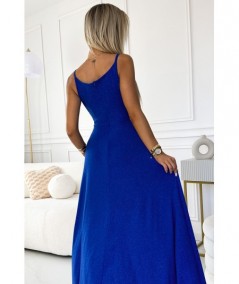 Chabrowa, brokatowa sukienka maxi na ramiączkach dekolt w serek Chiara