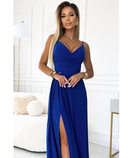 Chabrowa, brokatowa sukienka maxi na ramiączkach dekolt w serek Chiara