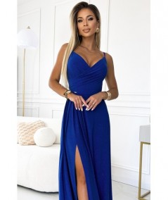 Chabrowa, brokatowa sukienka maxi na ramiączkach dekolt w serek Chiara