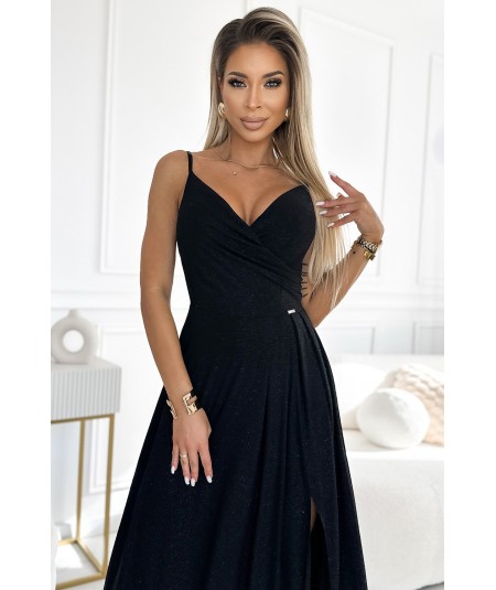 Czarna, brokatowa sukienka maxi na ramiączkach dekolt w serek Chiara