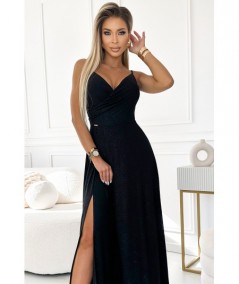 Czarna, brokatowa sukienka maxi na ramiączkach dekolt w serek Chiara