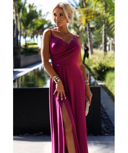 Brokatowa sukienka maxi na ramiączkach dekolt w serek Chiara Fuksja