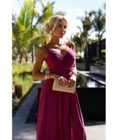 Brokatowa sukienka maxi na ramiączkach dekolt w serek Chiara Fuksja