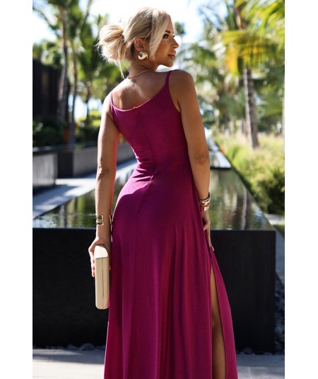 Brokatowa sukienka maxi na ramiączkach dekolt w serek Chiara Fuksja