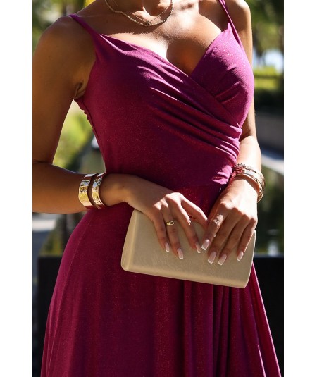 Brokatowa sukienka maxi na ramiączkach dekolt w serek Chiara Fuksja