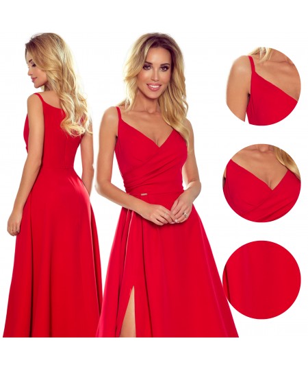 Czerwona sukienka maxi na ramiączkach dekolt w serek Chiara studniówka