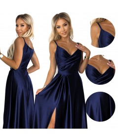 Granatowa długa satynowa suknia na ramiączkach Chiara na studniówkę