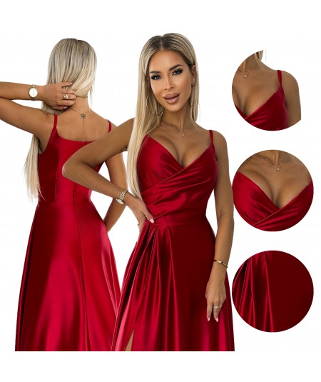 Czerwona długa satynowa suknia na ramiączkach Chiara na studniówkę