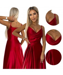 Czerwona długa satynowa suknia na ramiączkach Chiara na studniówkę