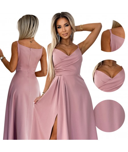 Różowa sukienka maxi na ramiączkach dekolt w serek Chiara studniówka