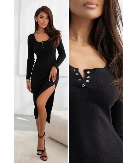 Czarna elastyczna sukienka z guziczkami w dekolcie LUMINA