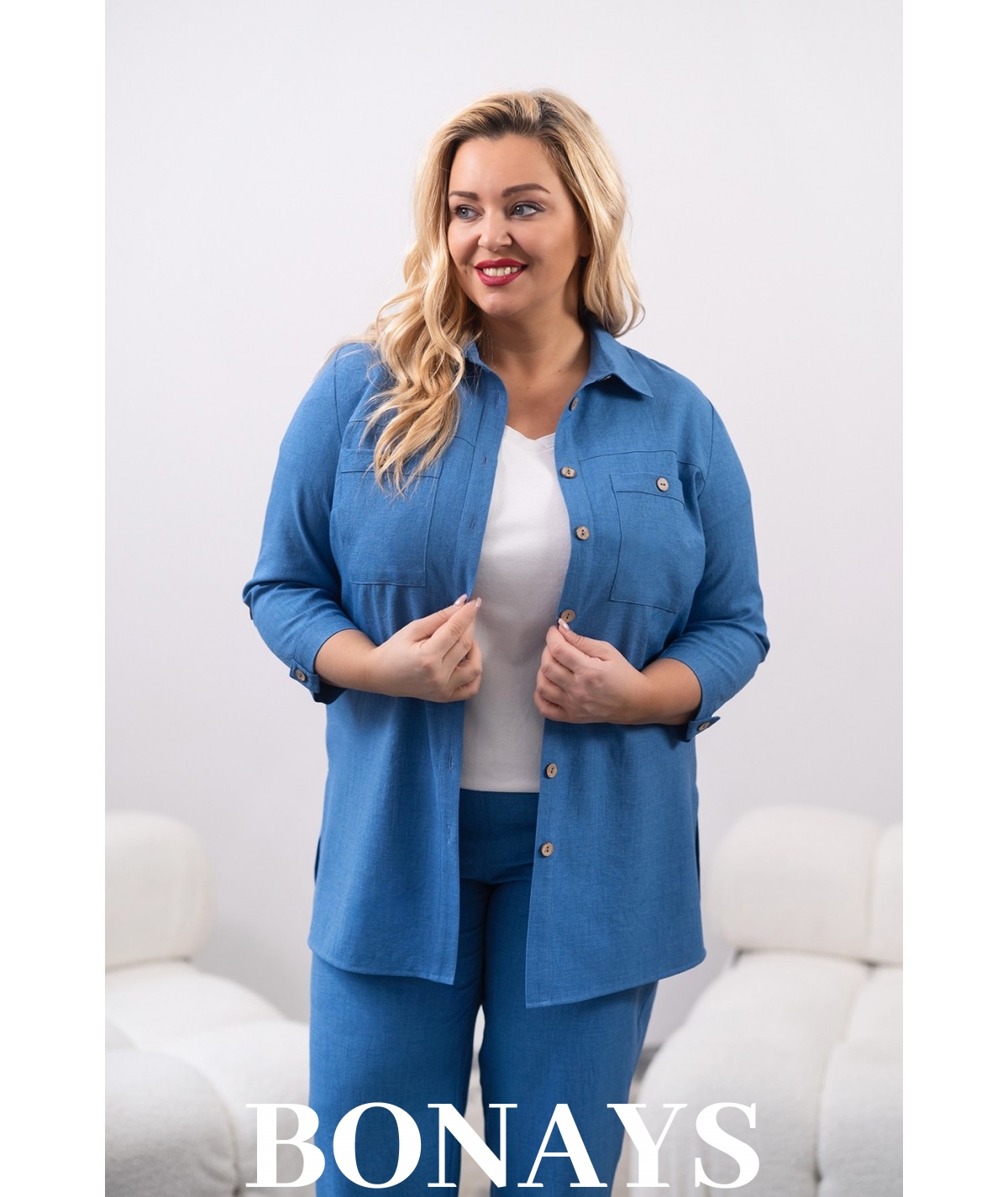 niebieska lniana koszula plus size