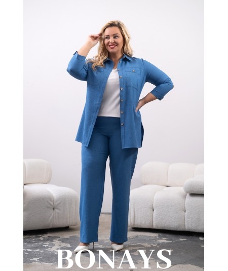 Rita - Lniane gładkie spodnie z szeroką nogawką i kieszeniami niebieskie