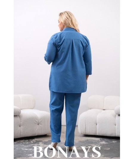 Rita - Lniane gładkie spodnie z szeroką nogawką i kieszeniami niebieskie