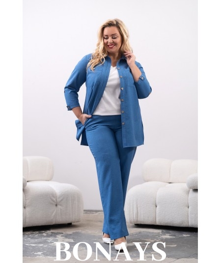 Rita - Lniane gładkie spodnie z szeroką nogawką i kieszeniami niebieskie