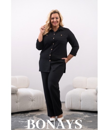 Rita - Lniane gładkie spodnie z szeroką nogawką i kieszeniami czarne