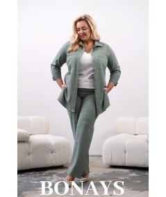 Rita - Lniane gładkie spodnie z szeroką nogawką i kieszeniami khaki