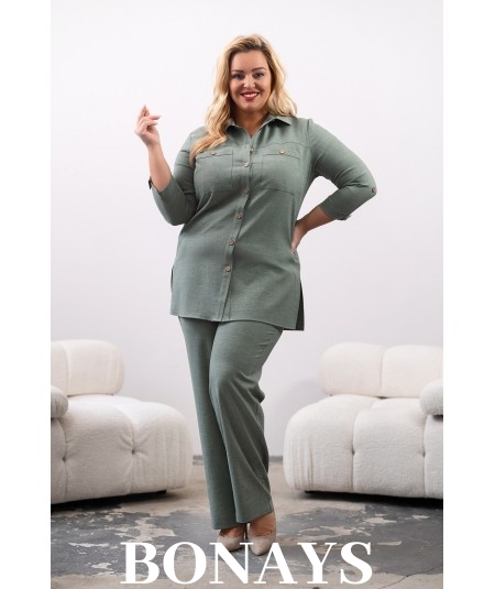 Rita - Lniane gładkie spodnie z szeroką nogawką i kieszeniami khaki