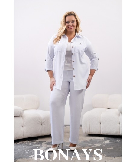 Rita - Lniane gładkie spodnie z szeroką nogawką i kieszeniami białe