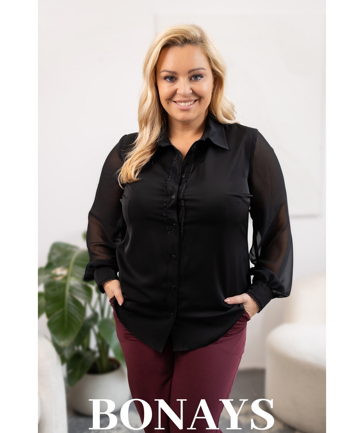 ARLETA - Elegancka koszula z tiulem i koronką czarna